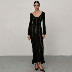 Solid Color Woolen Dress Long Sleeve U Collar Slim Fit Dress