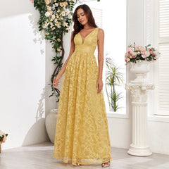 Sleeveless Pattern Lace Double V neck Elegant Evening Dress a Large Swing Back Zipper Full Lining Party Maxi Dress
