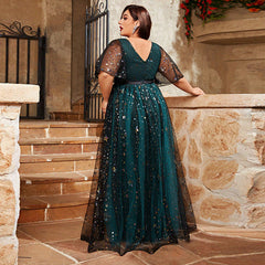 Vestido de noche de talla grande con mangas abullonadas y cristales brillantes, escote en V, vestido de noche de hada con vuelo, vestido de hada súper