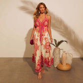 off the Shoulder V neck Spaghetti Strap Floral Print Fairy Long Elegant Dress Big Swing