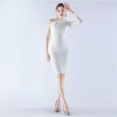 Craft Order Ostrich Feather One Shoulder Diagonal Collar Long Sleeve Short Dress