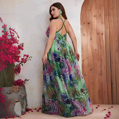 Plus Size Chiffon Spaghetti Straps Sleeveless Maxi Dress Printed V neck Vacation Dress