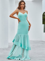 V Neck Sleeveless Formal Elegant Lace Slim Bodycon Cami Maxi Tiered Dress