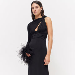 Black Long Sleeved Hollow Out Cutout out One Shoulder Feather Dress Dress