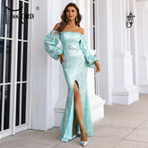 Elegantes, paillettenbesetztes Abendkleid mit kurzem Schleppensaum und schulterfreiem Ausschnitt