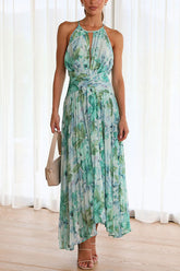 Halter Sleeveless V Neck Printed Large Swing Maxi Dress