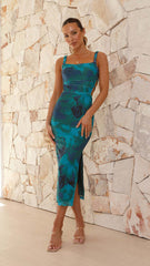 Sleeveless Backless off Neck Printed Split Mid Length Sling