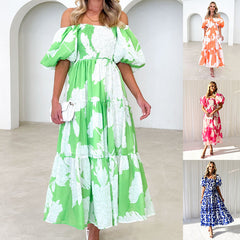 Elegante estampado floral con hombros descubiertos y mangas abullonadas