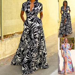 Printed Short Sleeved Lace up Cardigan Collared Dress