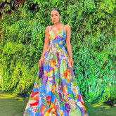 Dress Holiday Floral Print Multi Color off Shoulder Large Swing Sling Long