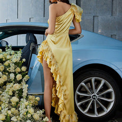One Shoulder Ruffled Maxi Dress Cocktail Party Evening Dress