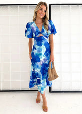 Year Bubble Sleeve Maxi Dress Print V neck Hollow Out Cutout