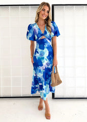 Year Bubble Sleeve Maxi Dress Print V neck Hollow Out Cutout