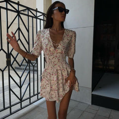 V Neck Lace Up Ruffled Floral Dress Short Sleeve A Line