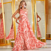 Vestido largo asimétrico de gasa con aberturas en la cintura, sin mangas y hombros descubiertos para vacaciones en la playa