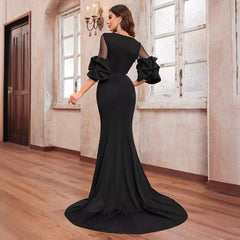 Simple Prom Evening Dress Crew Neck Long Sleeve Elegant Party Fishtail Dress Black Evening Dress