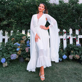 Elegant V Neck Super Long Sleeve Waist Tight Beach Vacation Long Bohemian Large Swing