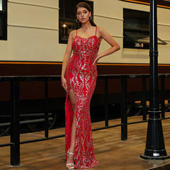 Vestido de cóctel de noche elegante, sin mangas, largo con lentejuelas y espalda descubierta para dama de honor