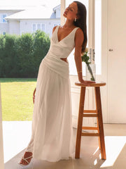 Ärmelloses Maxikleid mit V-Ausschnitt, einfarbig, mit Ziernähten und weitem Schwung