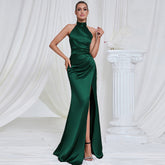Vestido elegante ajustado con espalda descubierta y cuello halter, vestido con abertura larga