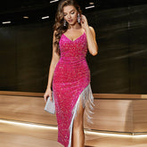 Tassel Edge V neck High Slit Tassel Edge Sequ Sling Dress Waist Slimming High End Evening Dress Group