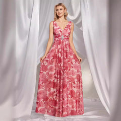 Chiffon V neck Pink Printed Dress Slim Fit Maxi Dress Cocktail Evening Dress Bridesmaid Dress for
