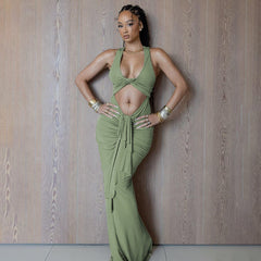 Twisted Hollow Out Cutout out Dress Pleated Lace up Halter Sleeveless Fishtail Dress