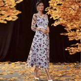 Vestido de encaje, cuello redondo, manga larga, cintura alta, vestido largo con vuelo