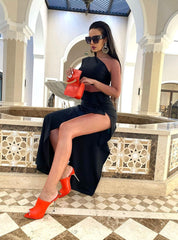 Black Ladies Long Sleeves Hollow Out Cutout out Cropped Hip Dress Stretch Dress Oblique Shoulder Winter