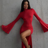 Bell Sleeve Backless Slit Maxi Dress Slim Fit Dress