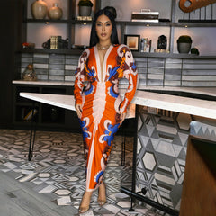 V neck Long Sleeve Printed Dress