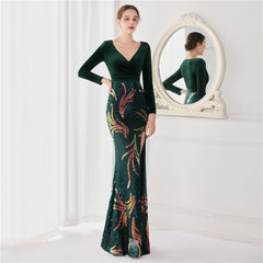 Korean Velvet 10 Sequin Long Sleeved Fishtail Evening 's High End Elegant Cocktail Annual Meeting King