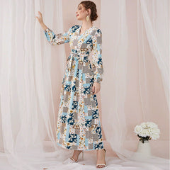 Süßes Maxikleid mit V-Ausschnitt, langen Ärmeln, Blumenmuster, hoher Taille, Schnürung und schmaler Passform