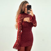 Lace Stitching Chest Hollow Out Cutout Flared Sleeve Waist Hip dress