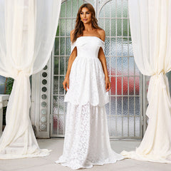 Cocktail Toast Dress Lace Stitching White off Shoulder Chinese Wedding Dress Bridesmaid Dress Evening