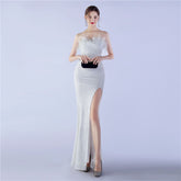 Ostrich Feather Shrink Folding Wrinkle Craft Host Dinner High End Evening Dress