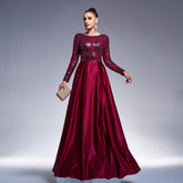 Long Sleeve Crew Neck Long Sequined Cocktail Large Swing Evening Dress Bridesmaid
