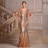 V neck Half Sleeve Solid Color Sequ Elegant Slim Fit Fishtail Evening Dresses