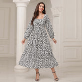 Elegant Party Casual Square Collar High Waist Floral Dress