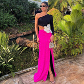 Black Long Sleeve Rose Red Color Matching Beaded Floral One Shoulder Dress Dress Bandage