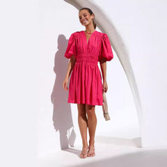 Oficina Cuello en V Cintura ajustada Manga abullonada plisada