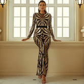 Vestido de cóctel de noche de alta gama con cuello redondo, lentejuelas y manga larga para dama de honor