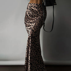 Satin Draping Skirt Leopard Print Sheath Fishtail Skirt Floor Length Dress