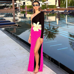 Black Long Sleeve Rose Red Color Matching Beaded Floral One Shoulder Dress Dress Bandage