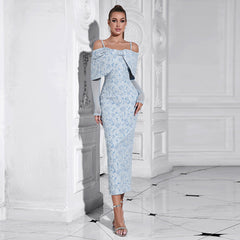 Vestido elegante con hombros descubiertos, costura de malla, mangas largas y jacquard