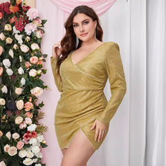Plus Size Sequined Deep V Plunge Waist Design Slit Hemline at Hem Long Sleeve Dress