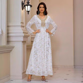 Vestido largo con estampado dorado, patchwork, cinturón de punto, manga larga