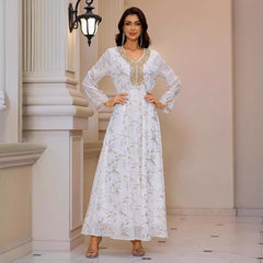 Gold Pattern Printed Maxi Dress Patchwork Knitted Belt Long Sleeve Dress