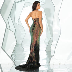 Long Sequined Sleeveless Wrapped Chest Backless Cocktail Evening Dress Bridesmaid