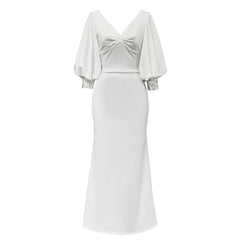 Dress Simple White V Collar Short Puff Sleeve Slim Fit Cocktail Dress